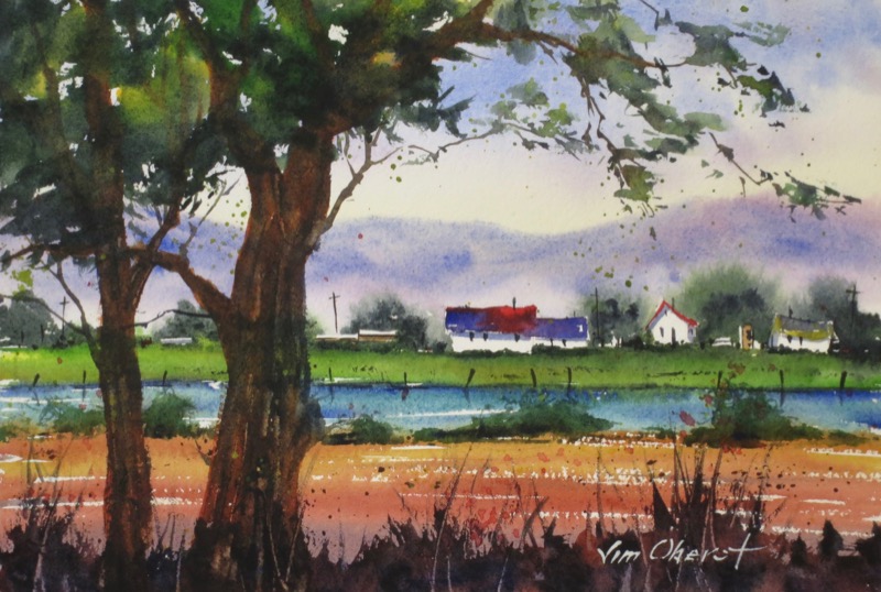 landscape, rural, trees, river, hills, mountains, summer, oberst, watercolor, painting
